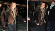 Composite of two pictures of Pippa Middleton wearing a gilet, jeans and leopard print scarf as she skates during the VIP opening of the Somerset House Ice Rink, at Somerset House November 18, 2008