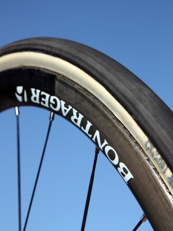 Bontrager's new carbon tubular wheelsets - one with a 50mm profile and another with a 36mm one - are very wide, measuring roughly 25mm across.