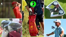 David Puig's golf bag with various pictures of him and clubs around it