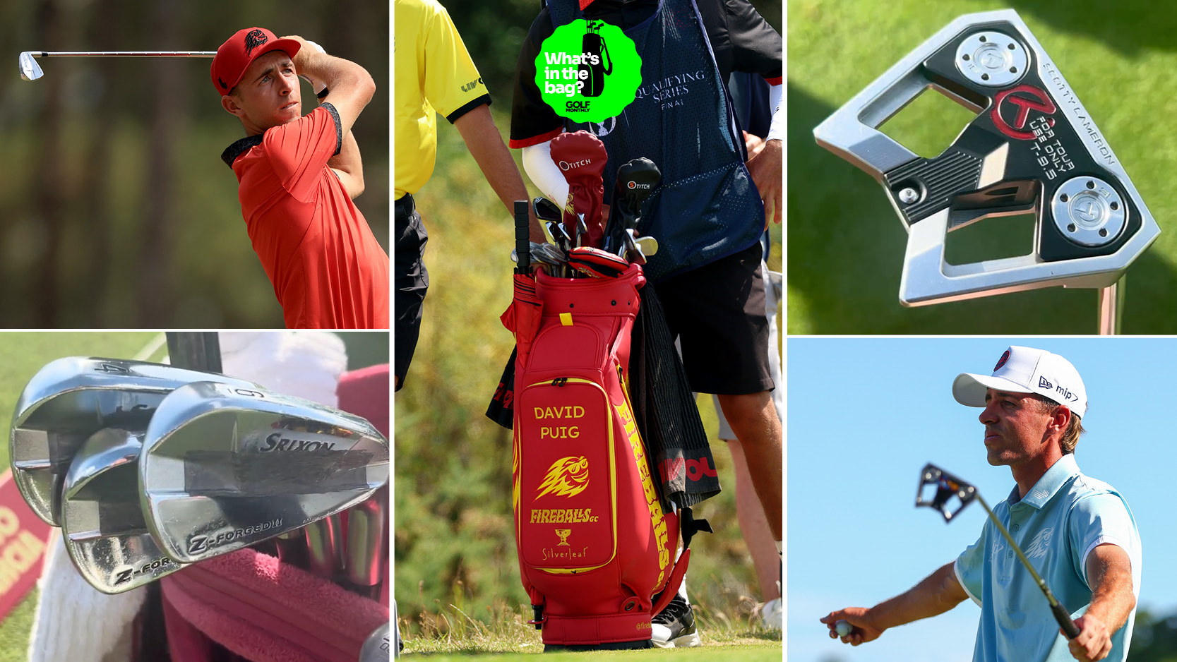 David Puig&#039;s golf bag with various pictures of him and clubs around it