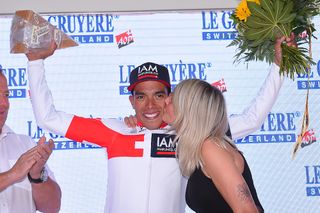 Jarlinson Pantano (IAM Cycling) on the Tour de Suisse podium after winning stage 9