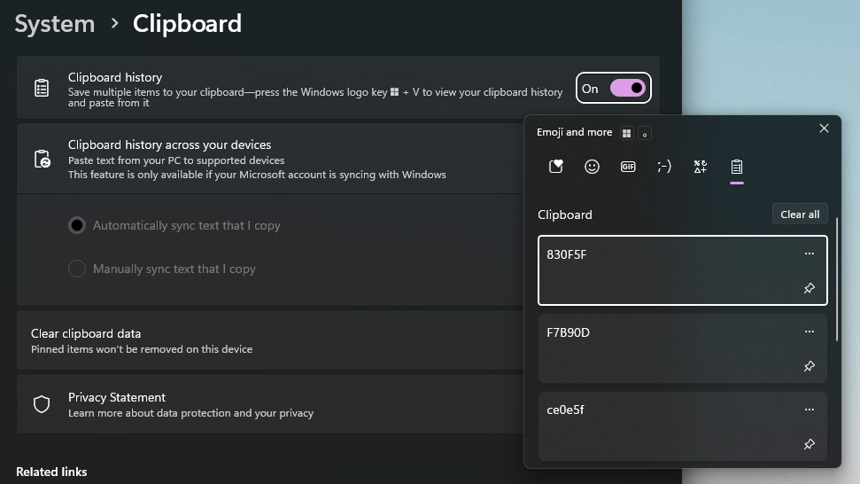 A Windows 11 Settings window showing toggles for clipboard history turned on. On the right, the clipboard history panel is open, displaying three recently copied items.