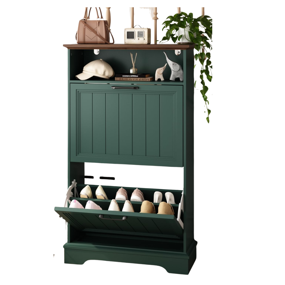 Shoe Storage Cabinet With 2 Flip Drawers, 24" W Farmhouse Modern Hidden Shoes Rack Cabinet With Adjustable Shelves &amp;amp; Open Storage, Narrow Slim Shoe Organizer for Front Door Entrance, Entryway, Green