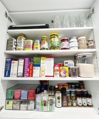 A pantry cabinet organized with food containers and storage