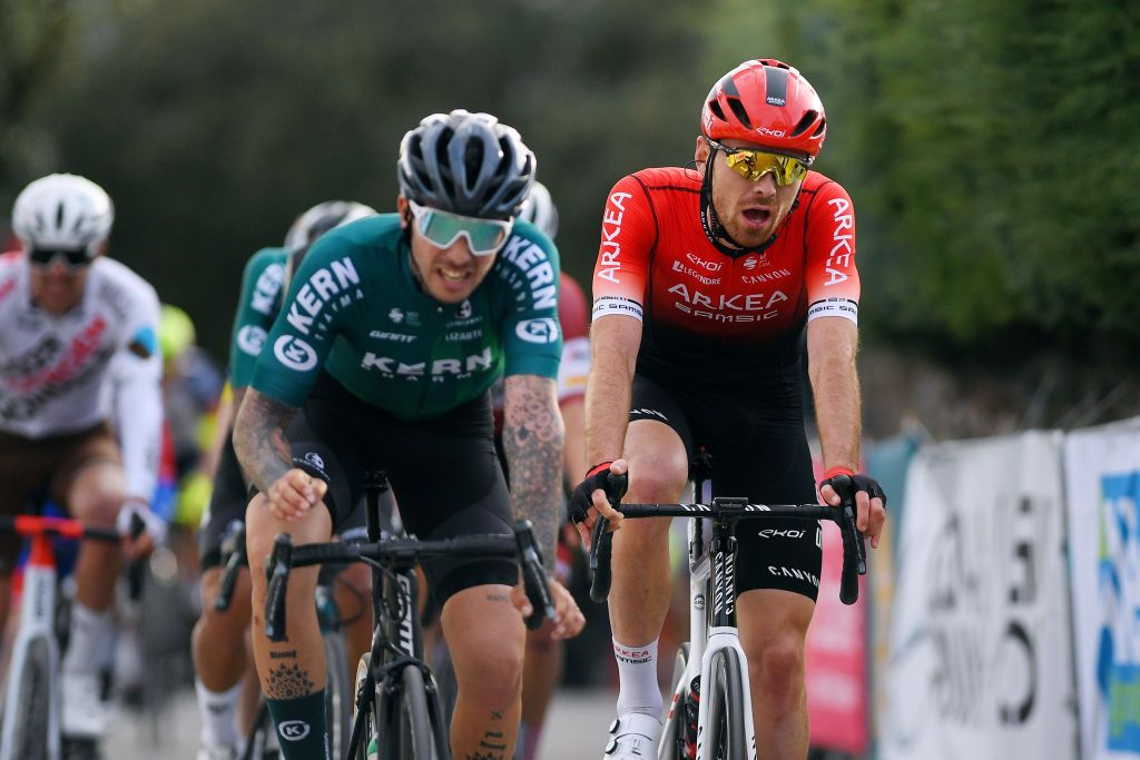 ROUSSON FRANCE FEBRUARY 03 Thibault Guernalec of France and Team Arka Samsic reacts after cross the finishing line during the 52nd toile De Bessges Tour Du Gard 2022 Stage 2 a 156km stage from SaintChristollesAls to Rousson 304m EtoiledeBesseges EDB2022 on February 03 2022 in Rousson France Photo by Luc ClaessenGetty Images