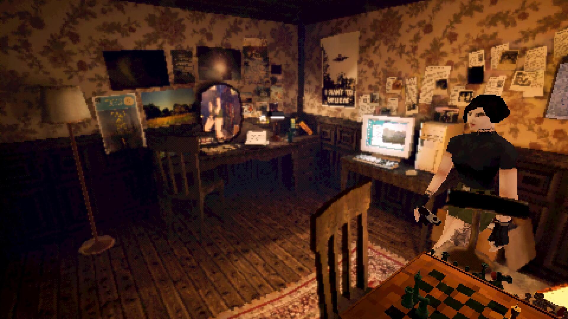Sam explores a bedroom in Heartworm with a PC, chess table, and a mirror