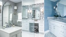 It’s useful to learn how to decorate a small bathroom without windows. Here are three of these - one with gray walls, a silver arched mirror and white vanity, a bathroom with black and white patterned wallpaper and a long white vanity, and a blue small bathroom with a silver circular mirror and a white vanity