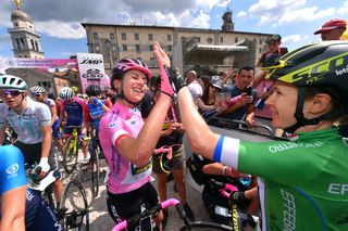 Mitchelton-Scott's Annemiek van Vleuten and Amanda Spratt celebrate their success on the final day of the 2019 Giro Rosa