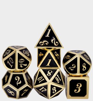A set of dice with a gold trim around gold, on top of one another