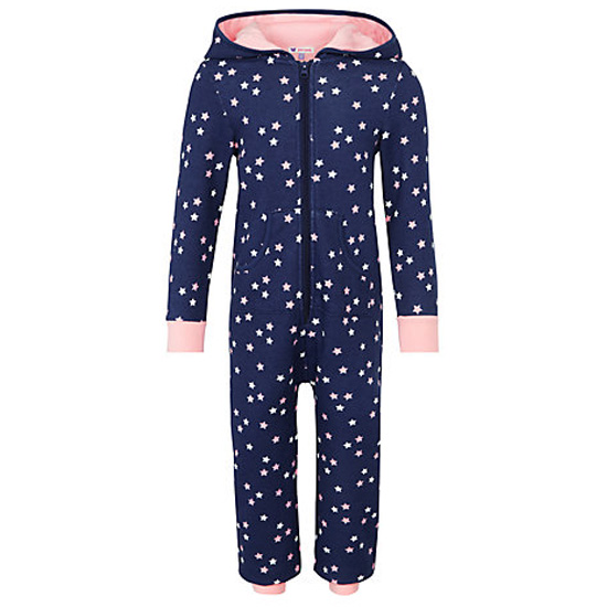 dark blue onesie with star designed and pink grips