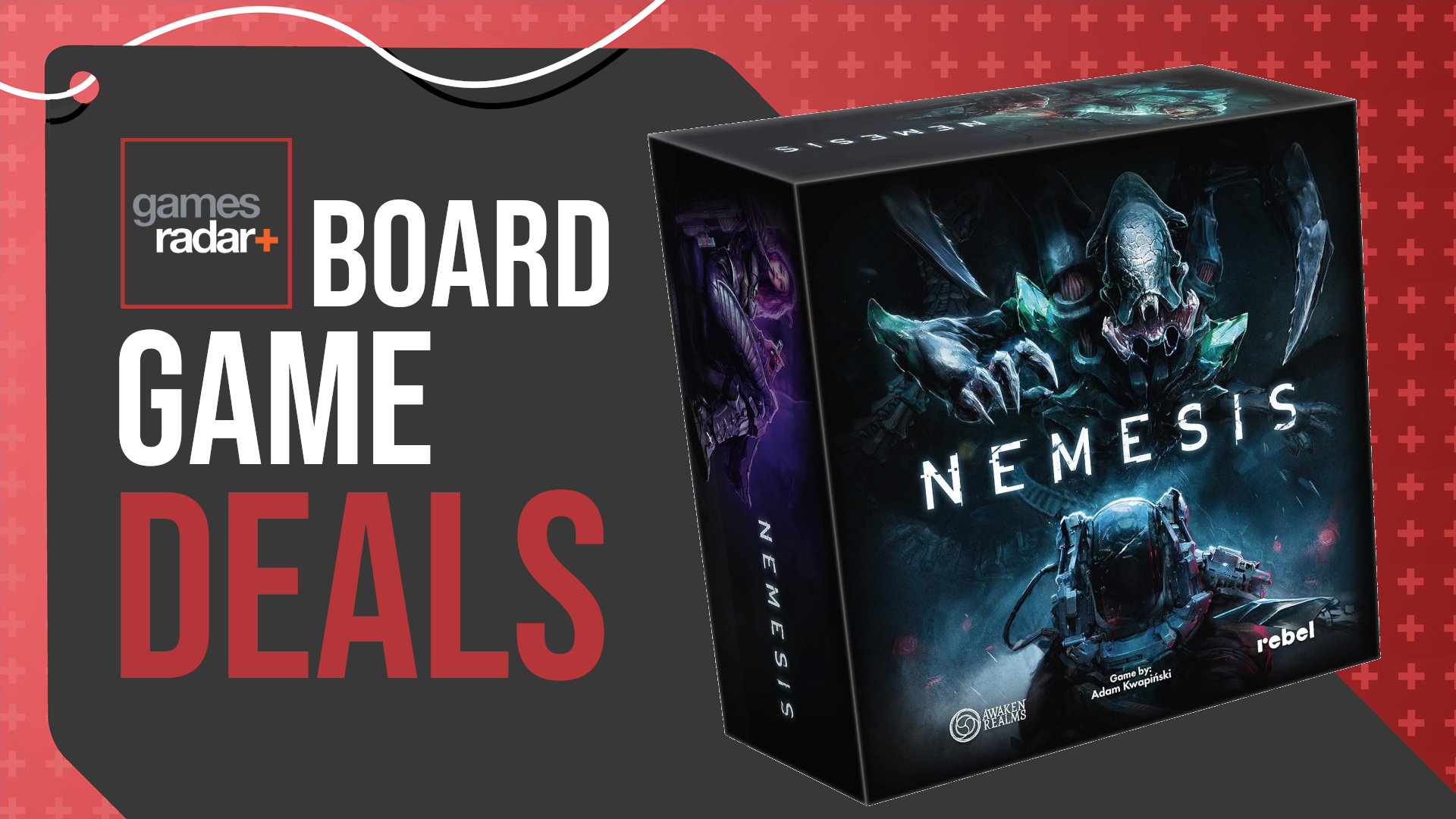 Nemesis box on a red and gray background with the GamesRadar+ logo and 'board game deals' written on it