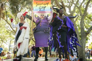 Shangela, Eureka and Bob the Drag Queen protest at a “Just Say Gay” rally in Brevard County, Florida, in the HBO series ‘We're Here.’