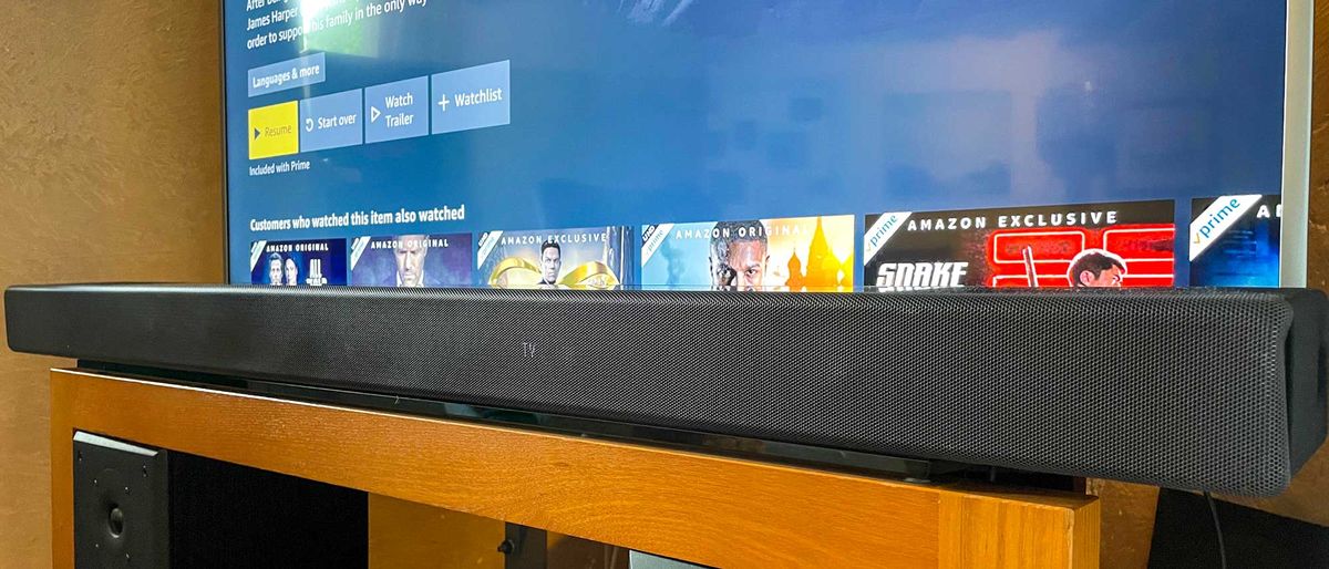 Sony HT-A7000 soundbar in front of TV screen