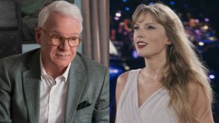 From left to right: Steve Martin looking forward in Only Murders in the Building and Taylor Swift smiling and looking up during The Eras Tour.