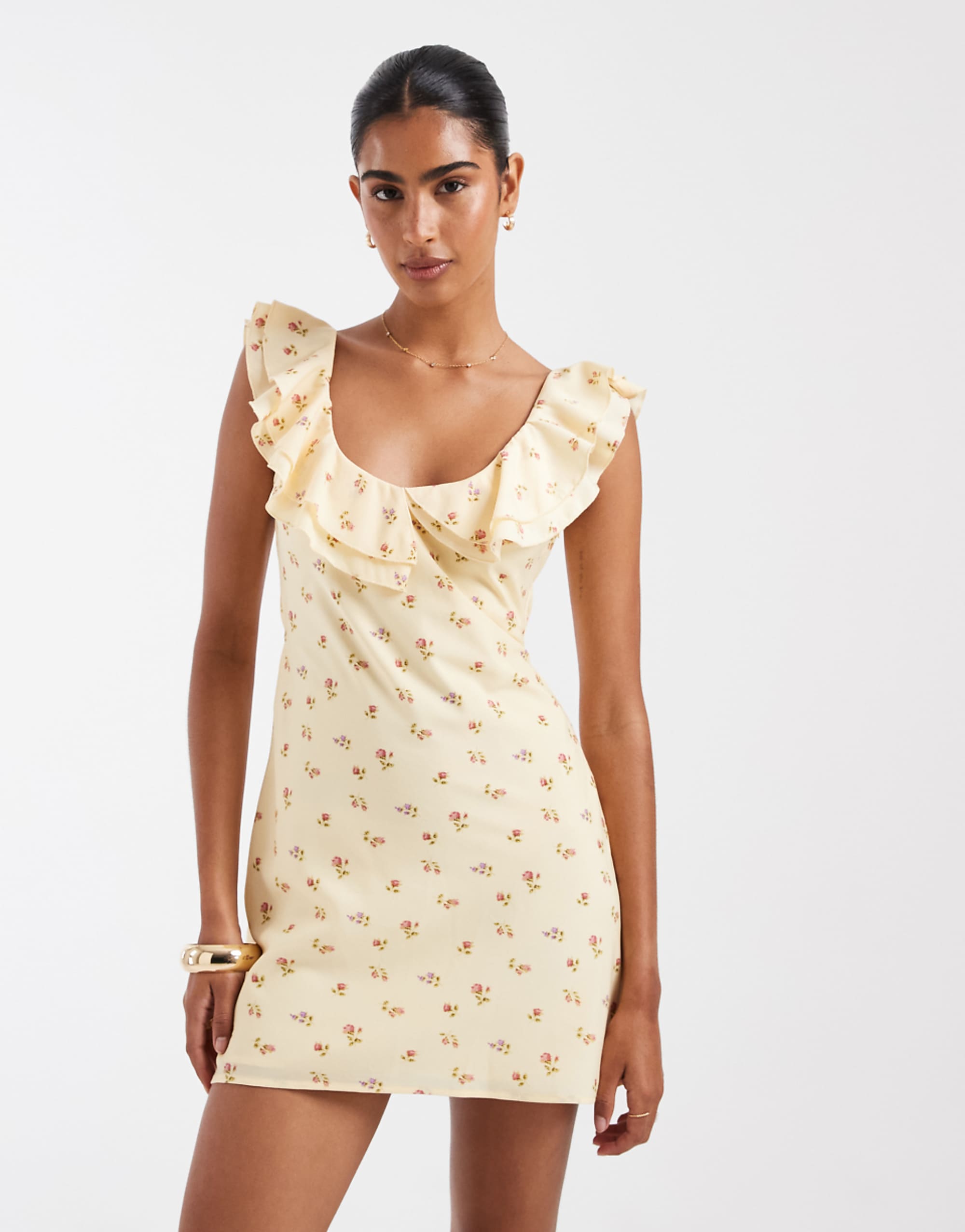 Kiss the Sky Debbie Frill Neckline Mini Dress in Lemon Floral Print