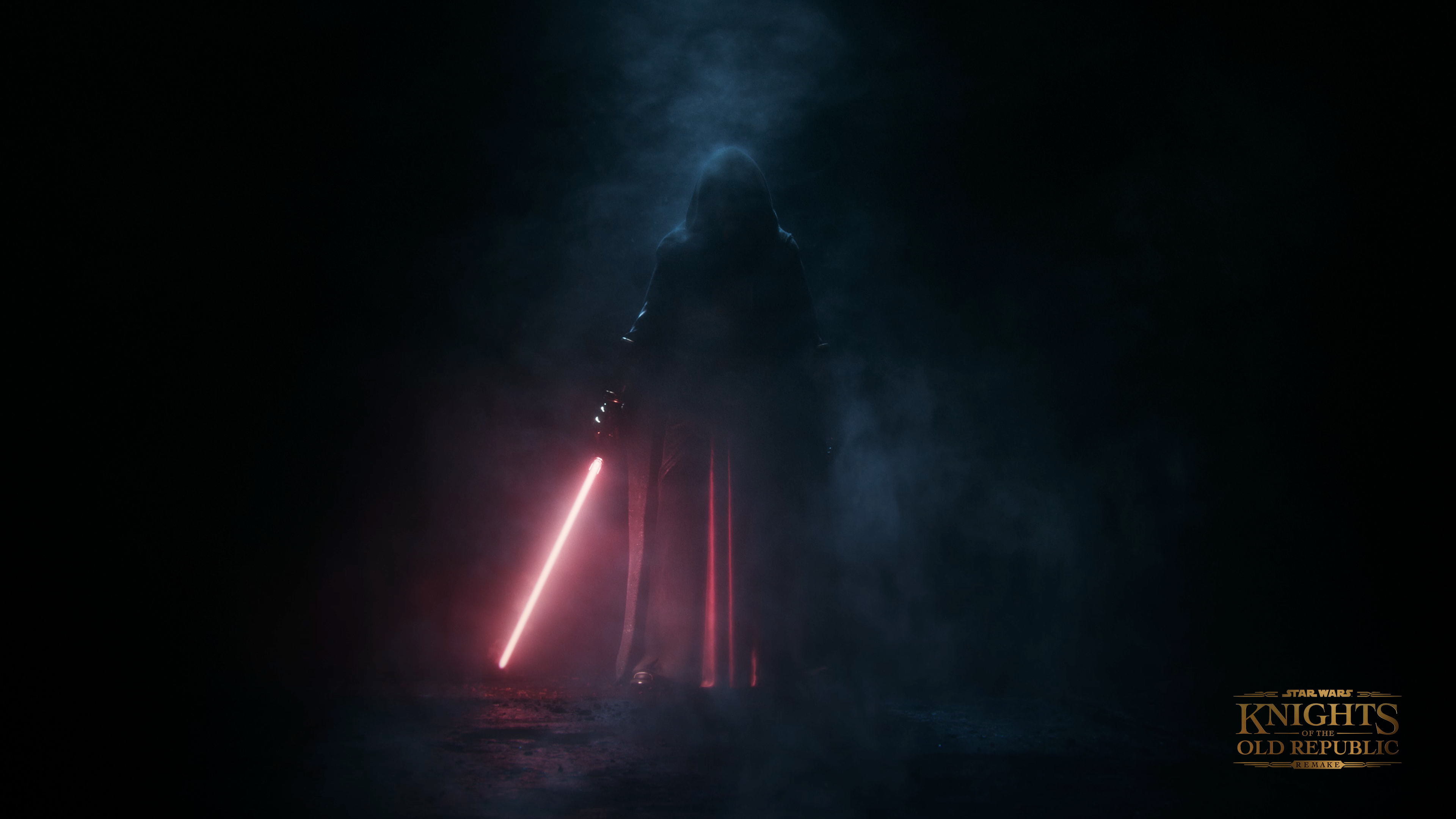 A cloaked figure stands in the shadows wielding a red lighsaber
