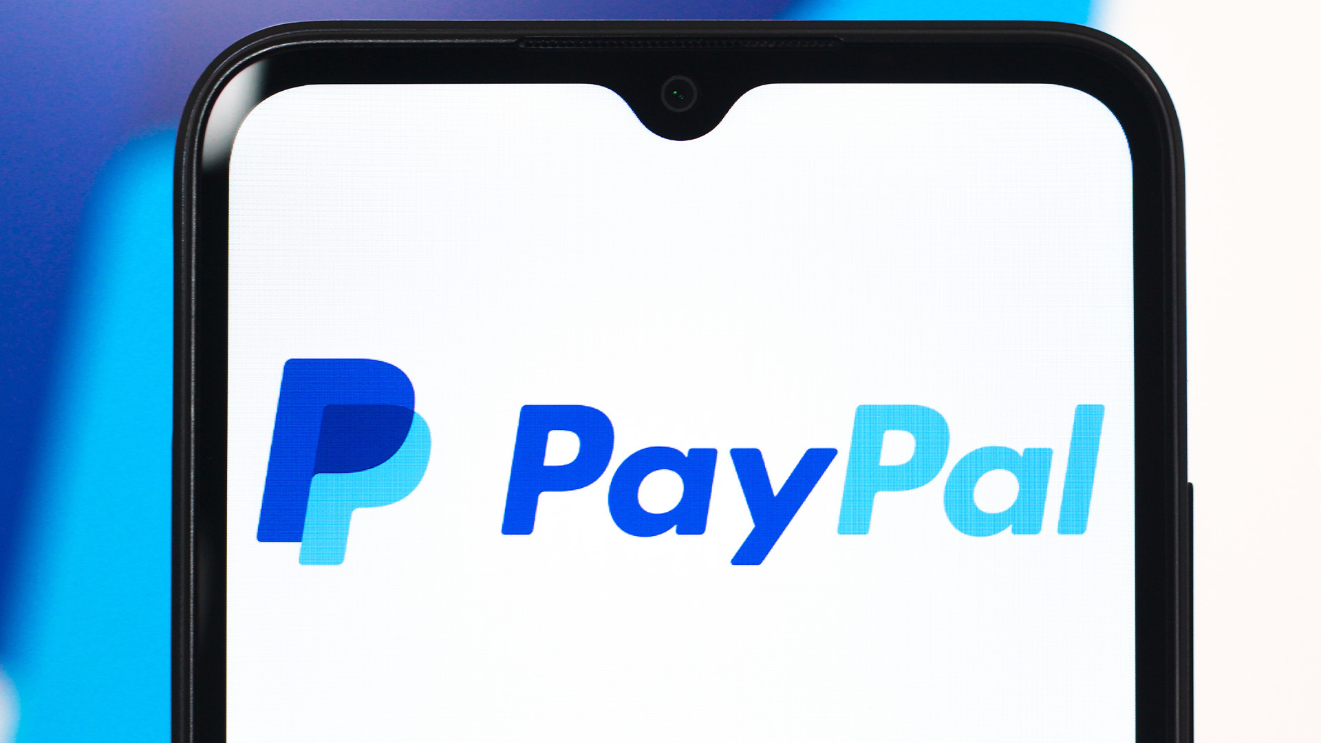 PayPal logo and branding pictured on a smartphone screen with company coloring in the background.