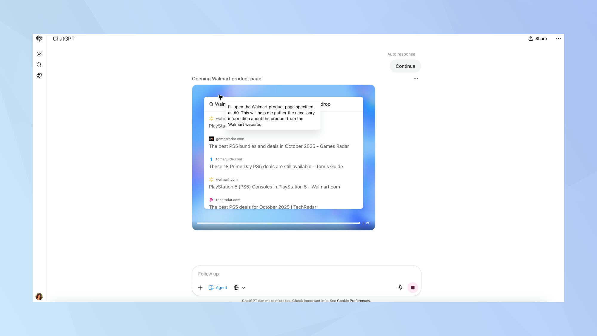 ChatGPT agent output
