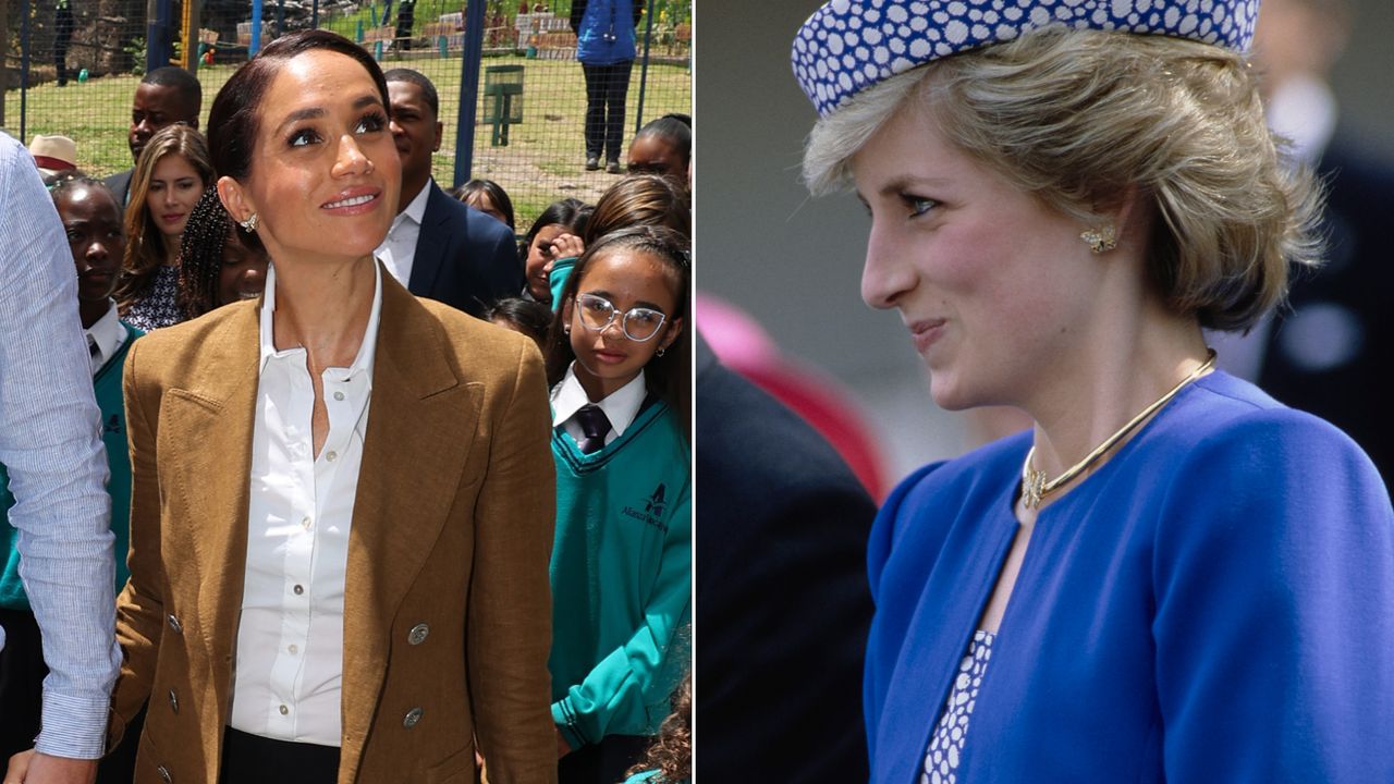 a collage of meghan markle wearing princess diana&#039;s butterfly earrings and princess diana originally wearing the butterfly earrings in 1986