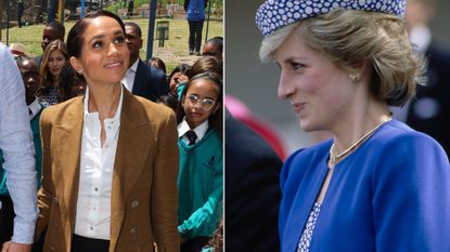 a collage of meghan markle wearing princess diana&#039;s butterfly earrings and princess diana originally wearing the butterfly earrings in 1986