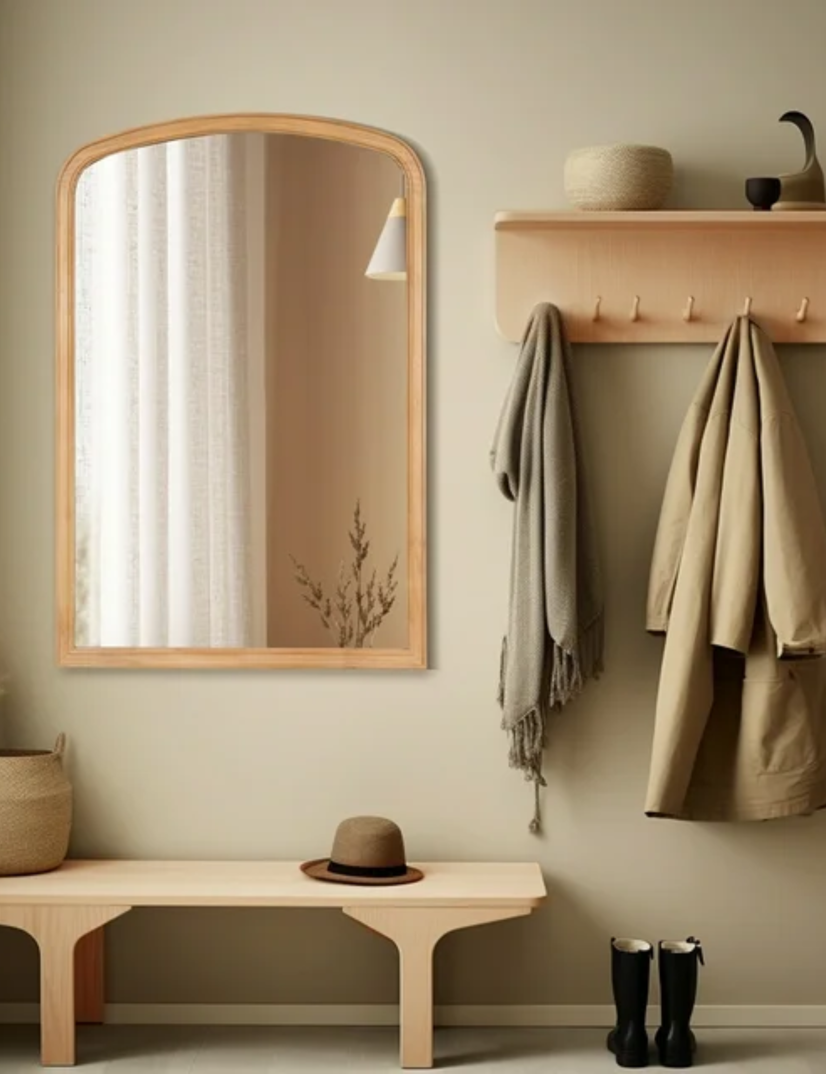 Walmart wooden mirror in an entryway with a wooden bench and coat rack