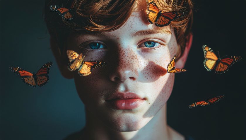 An AI-generated image of a boy's face surrounded by butterflies using Adobe Firefly