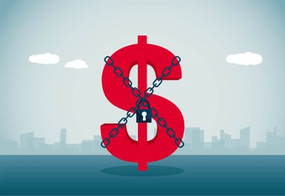 Red dollar sign chained up with a city skyline in the background