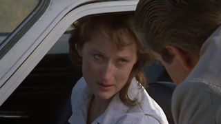 Meryl Streep gives a statement before driving off in car in the movie Silkwood