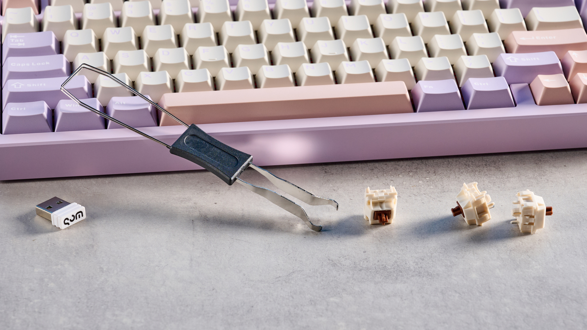 A purple Wobkey Rainy 75 Pro wireless mechanical keyboard with hot-swappable switches