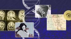 A collage photo of a white double helix on a blue background. Overlaid on top are images of a brain scan, a map, an older woman and younger man and a painting of a woman with dark hair and flowers.