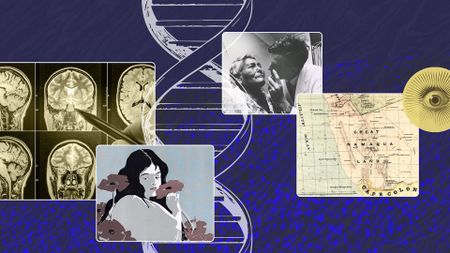 A collage photo of a white double helix on a blue background. Overlaid on top are images of a brain scan, a map, an older woman and younger man and a painting of a woman with dark hair and flowers.