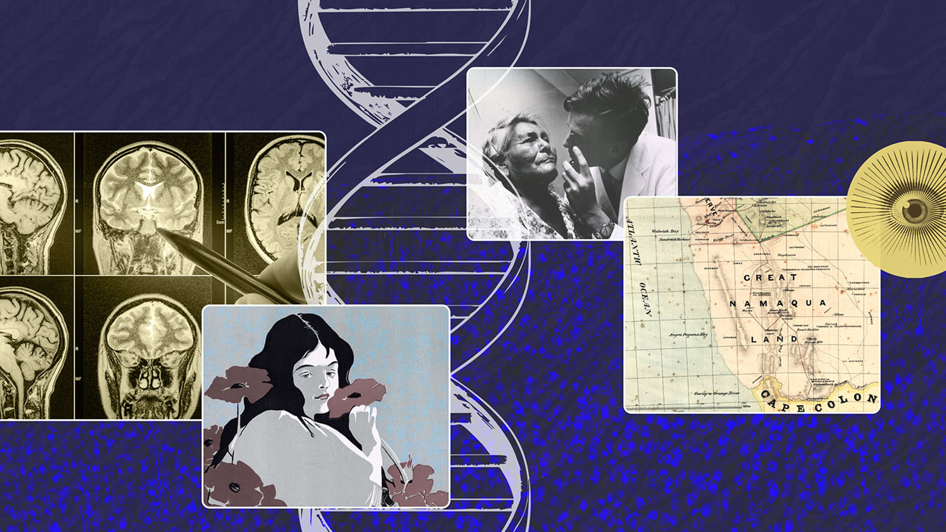 A collage photo of a white double helix on a blue background. Overlaid on top are images of a brain scan, a map, an older woman and younger man and a painting of a woman with dark hair and flowers.