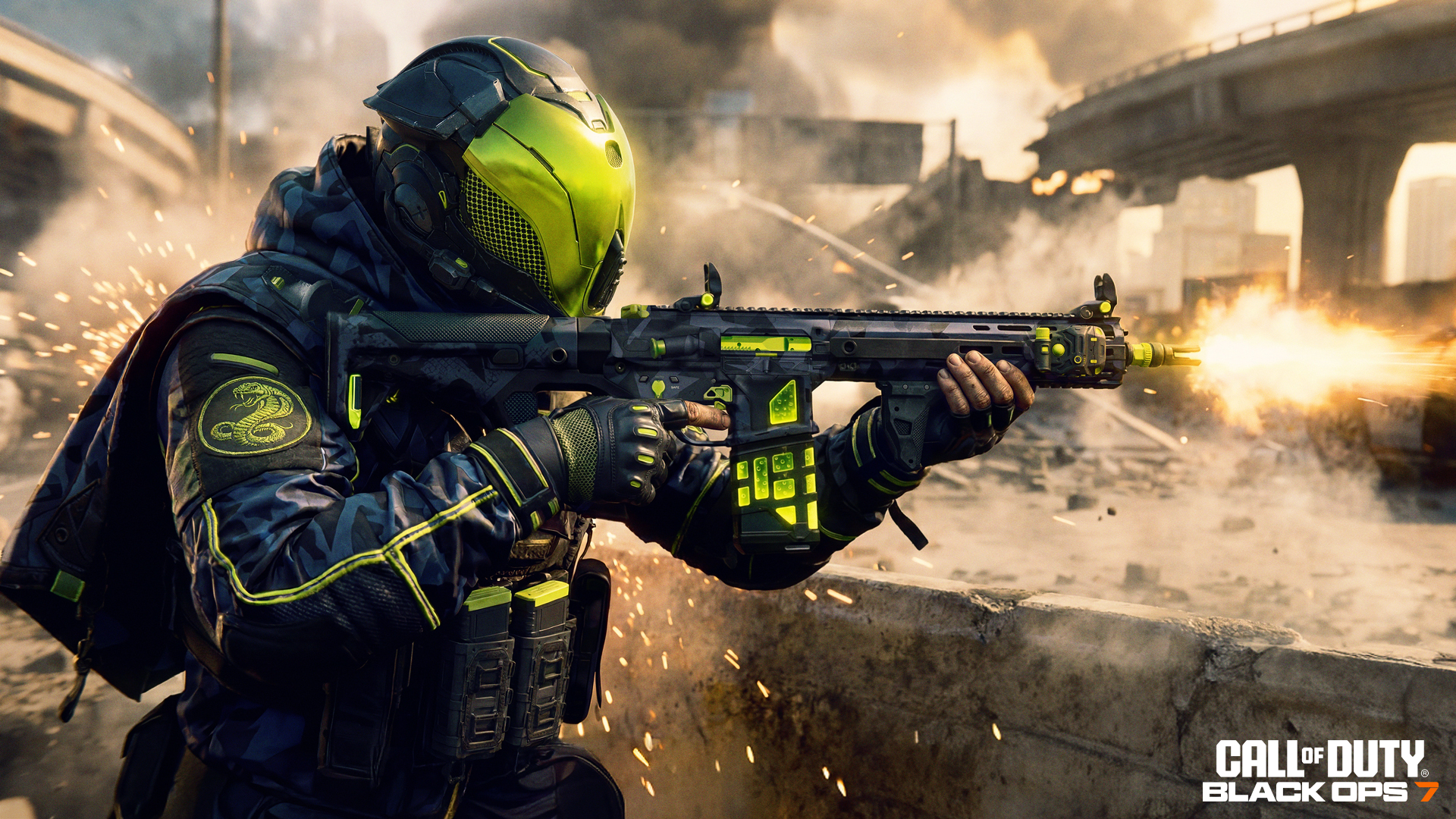 A promotional image from Call of Duty: Black Ops 7 Endgame mode showing an operator in a black and green mask firing a weapon.