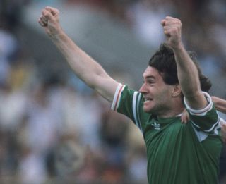 Ray Houghton celebrates after scoring the Republic of Ireland's winning goal against England at Euro 1988