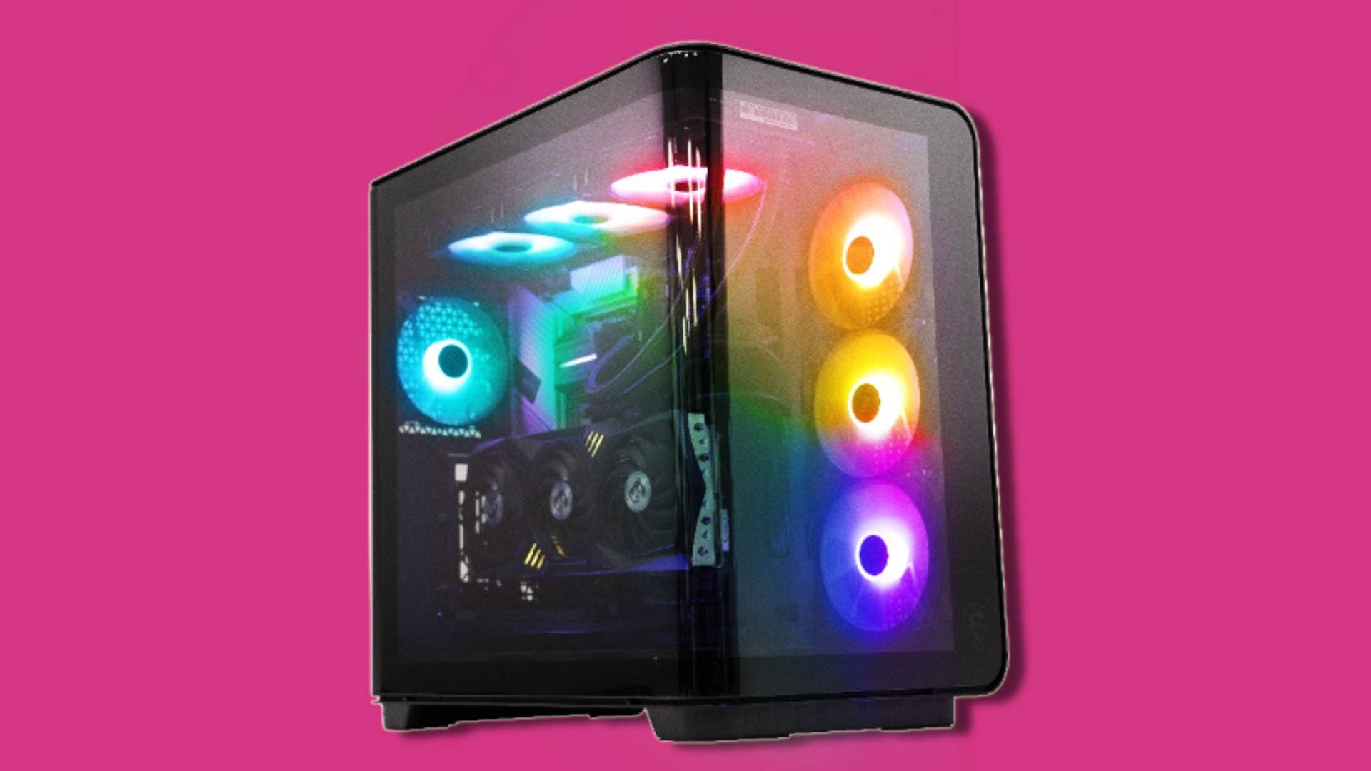 two black gaming PCs against pink background
