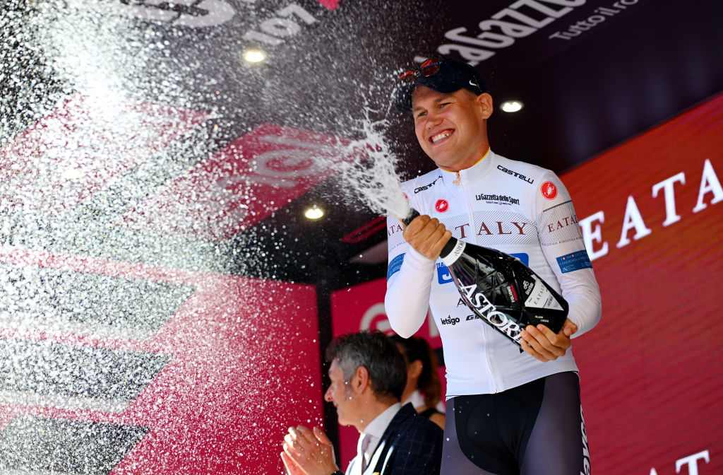 PERUGIA ITALY MAY 10 Luke Plapp of Australia and Team Jayco AlUla celebrates at podium as White best young jersey winner during the 107th Giro dItalia 2024 Stage 7 a 406km individual time trial stage from Foligno to Perugia 472m UCIWT on May 10 2024 in Perugia Italy Photo by Dario BelingheriGetty Images
