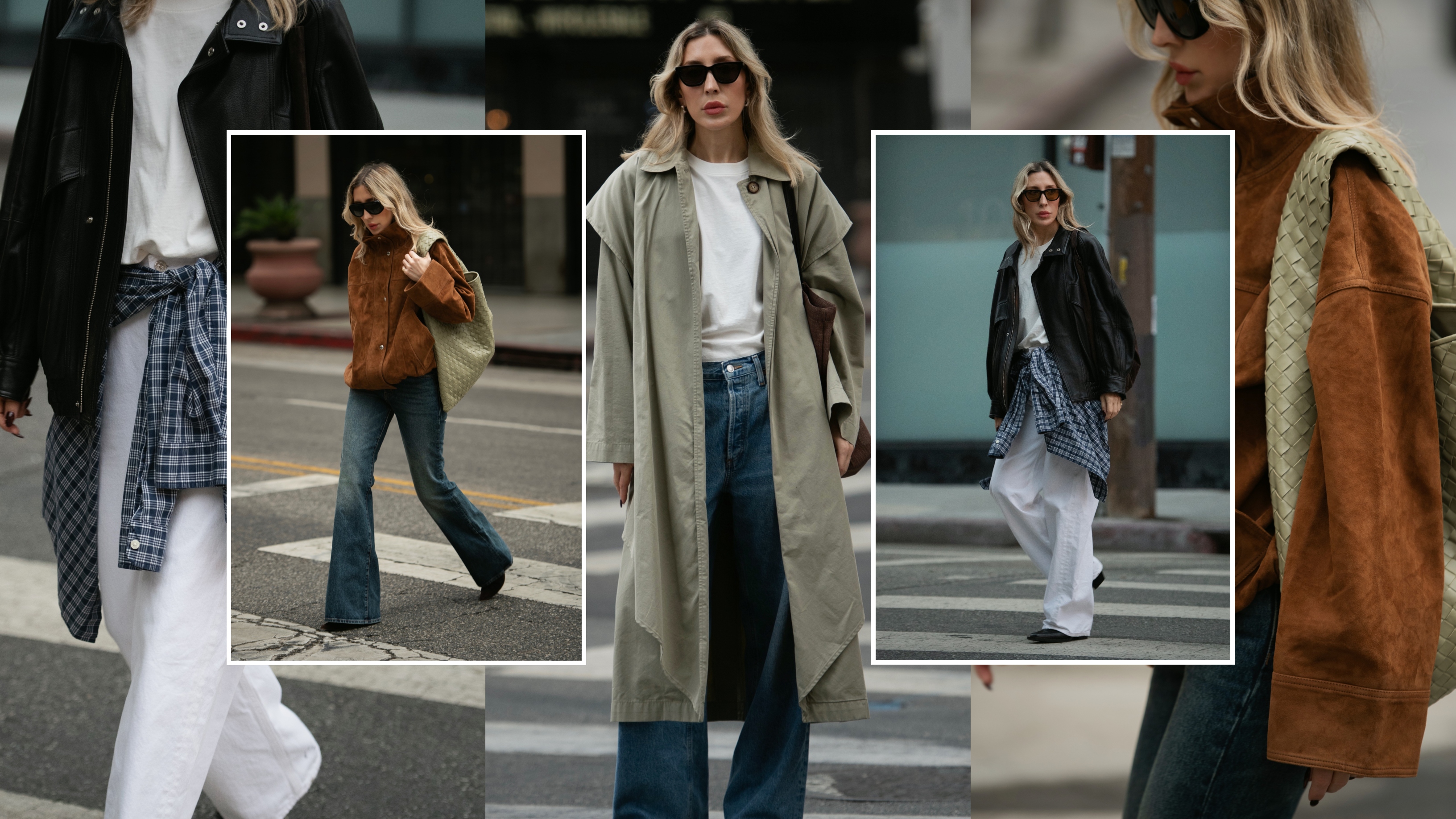 Angela Fink wearing a suede jacket, jeans, and boots; Angela Fink wearing a trench coat, a T-shirt, and jeans; Angela Fink wearing a leather jacket, a white T-shirt, white jeans, and shoes