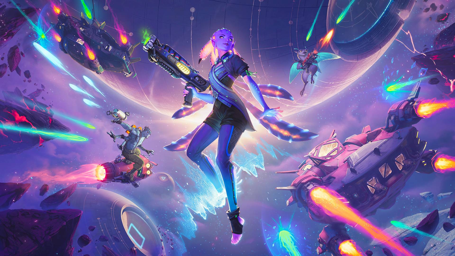 A piece of key art for Wildgate&#039;s Emergence update. An alien character with glowing purple hair tentacles floats in space and is surrounded by space ships.