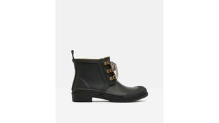 A pair of black Joules Ashby Chelsea waterproof rain boots with snake-skin laces