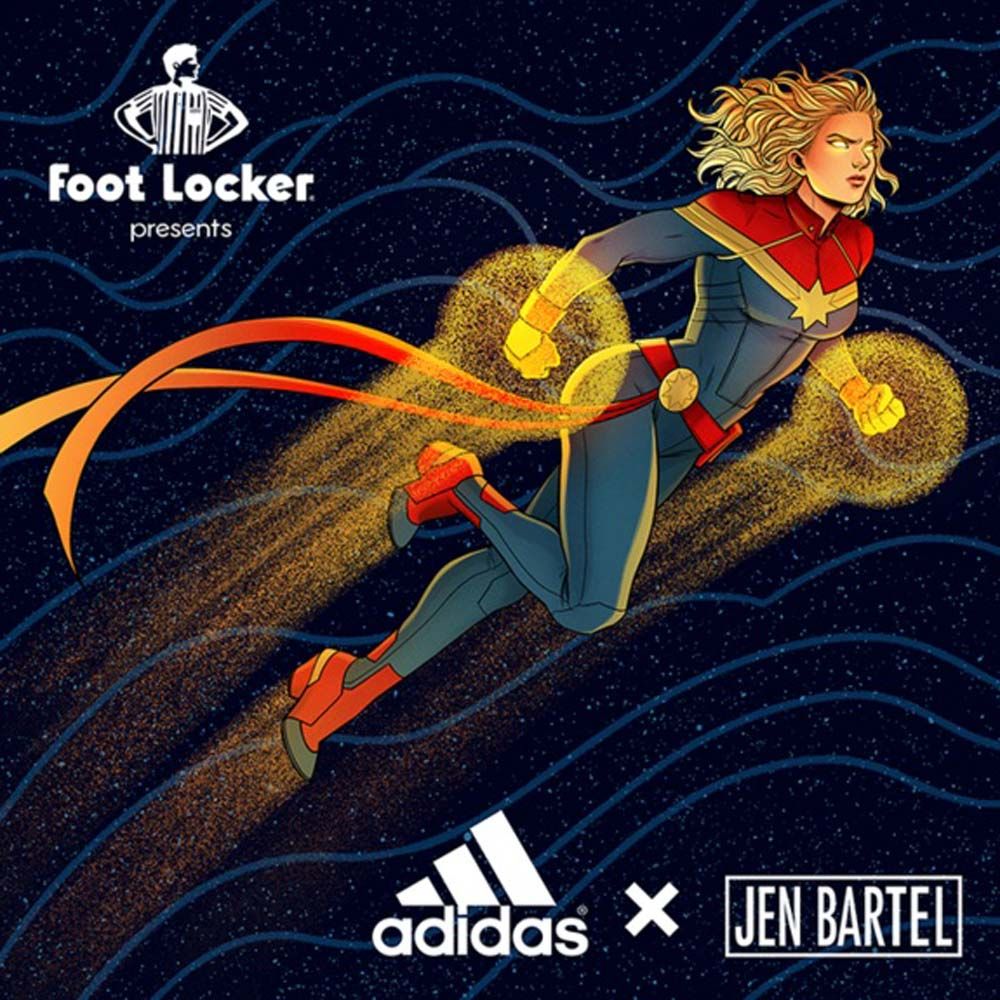 Jen Bartel and Adidas team up for Captain Marvel sneakers.