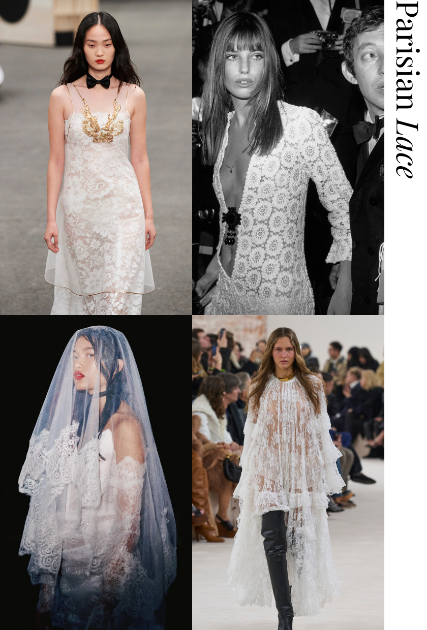 A collage showcasing the sheer impact wedding dress trend.