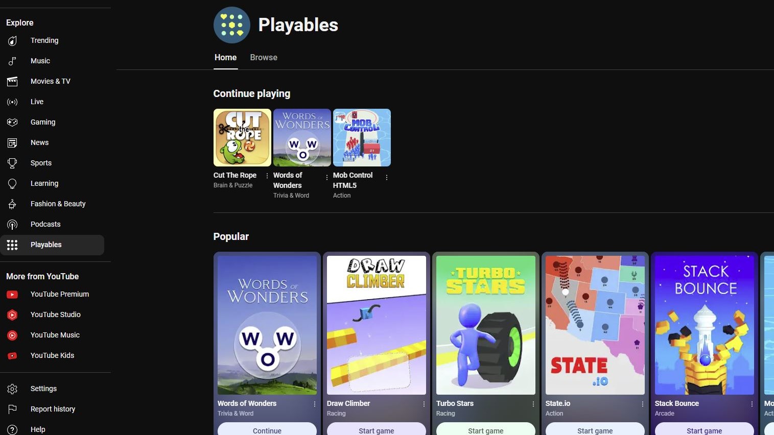 The YouTube Playables menu, showing games like Cut The Rope and Draw Climber