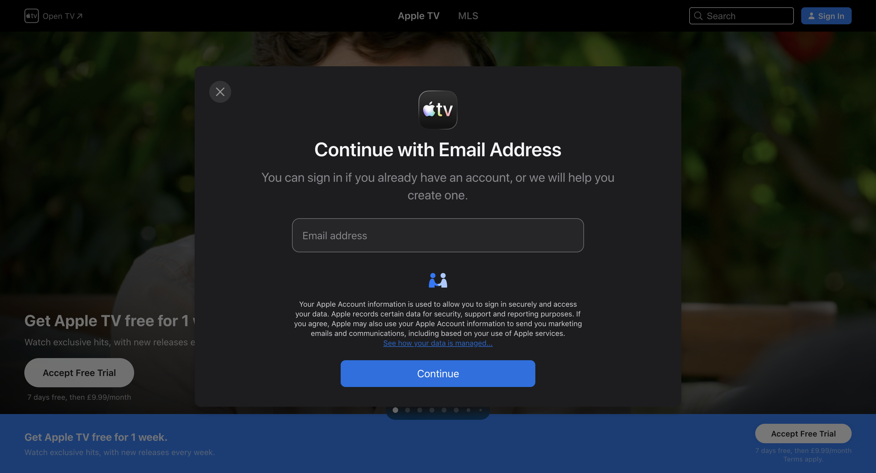 A screenshot inviting someone to input their email address to continue 