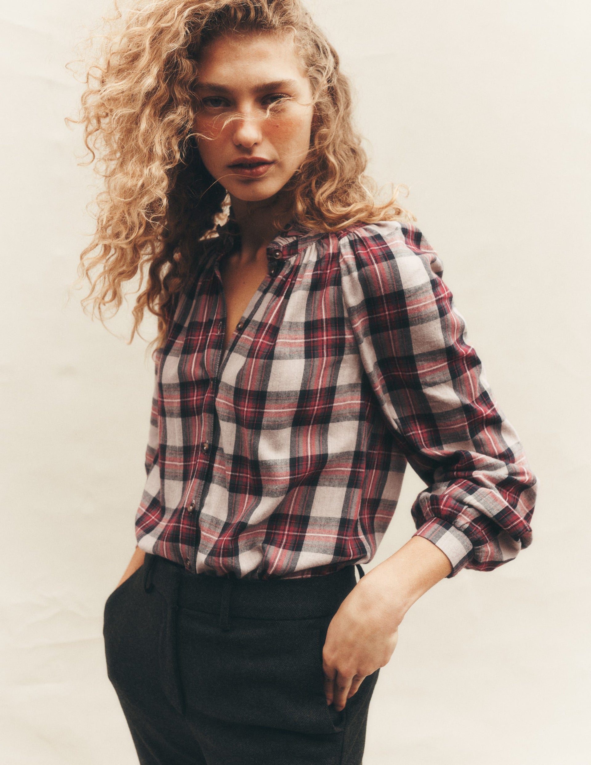 Erica Frill Check Top-Oatmeal, Navy and Red Check