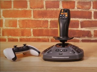 an image of the Thrustmaster SimTask FarmStick PlayStation and a DualSense controller
