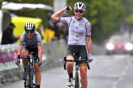 DURANGO SPAIN MAY 18 Anna Van Der Breggen of Netherlands and Team SD Worx celebrates at arrival Annemiek Van Vleuten of Netherlands and Movistar Team during the 20th DurangoDurango Emakumeen Saria 2021 a 1157km stage from Durango to Durango scduranguesa DurangoDurango2021 on May 18 2021 in Durango Spain Photo by Luc ClaessenGetty Images