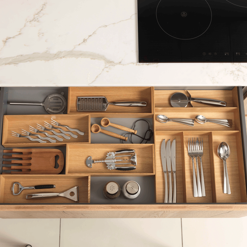 wooden divider box with steel forks spoons and knives