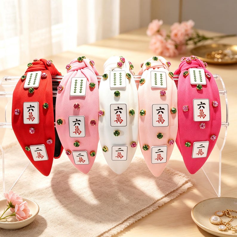 Mahjong Knotted Headband Rhinestone Crystal Embellished Wide Top Knot Hairband Funny Jewelry Hair Accessories Women Game Party Favors Only