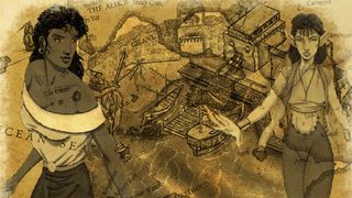 Iszara and Falicia, superimposed over a map on a loading screen