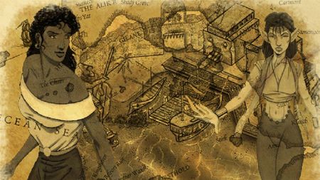 Iszara and Falicia, superimposed over a map on a loading screen